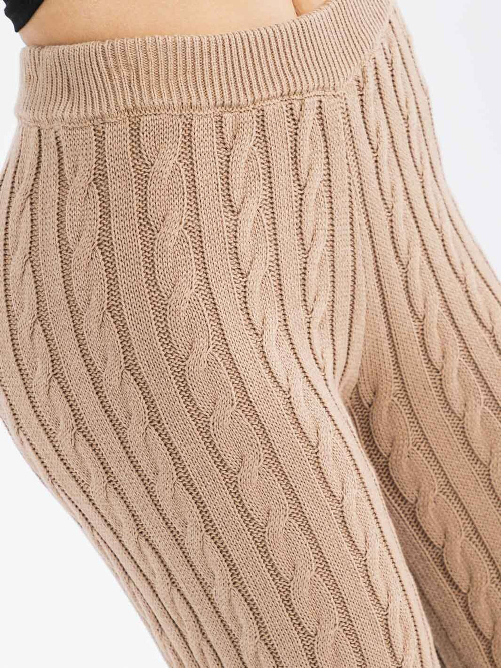 WOMEN'S ELASTIC WAIST CABLE KNIT RIBBED WIDE LEG PANTS