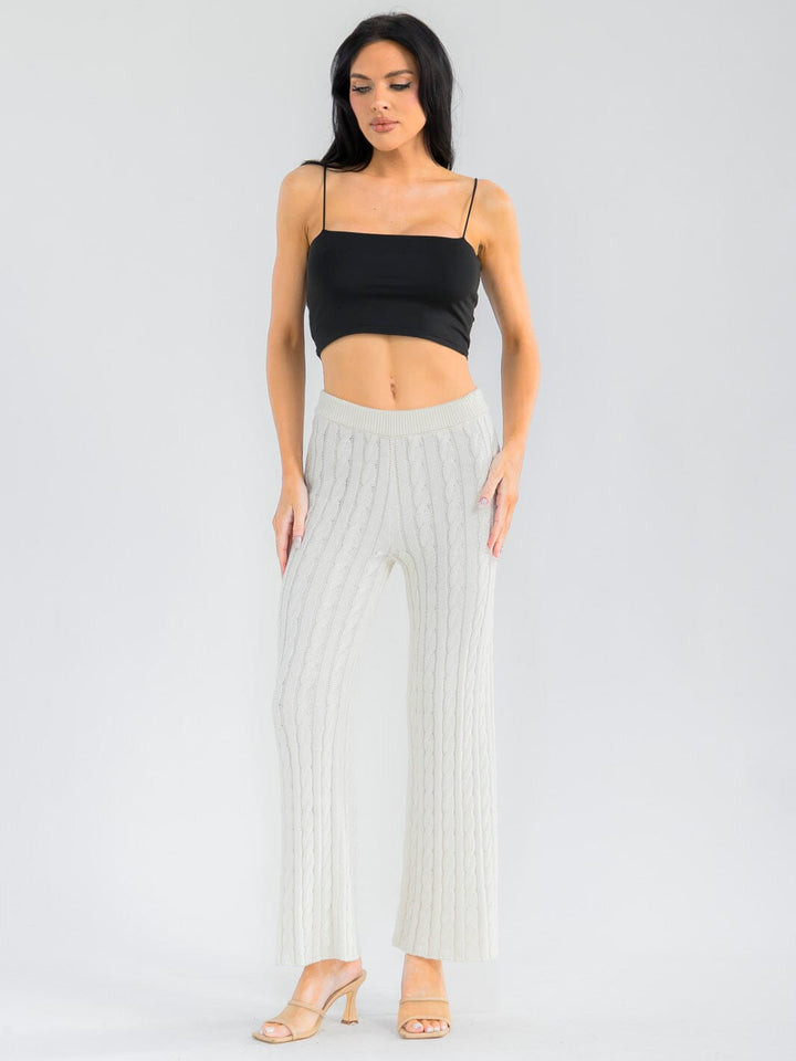 WOMEN'S ELASTIC WAIST CABLE KNIT RIBBED WIDE LEG PANTS