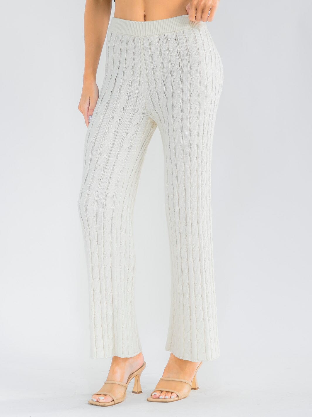 WOMEN'S ELASTIC WAIST CABLE KNIT RIBBED WIDE LEG PANTS