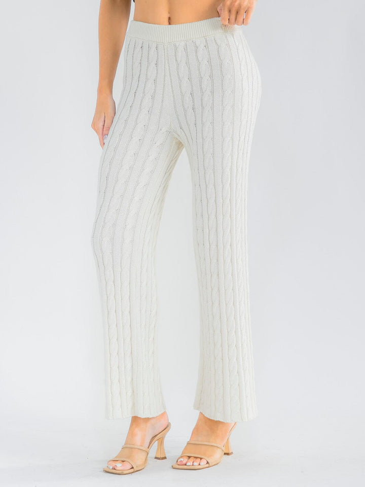 WOMEN'S ELASTIC WAIST CABLE KNIT RIBBED WIDE LEG PANTS