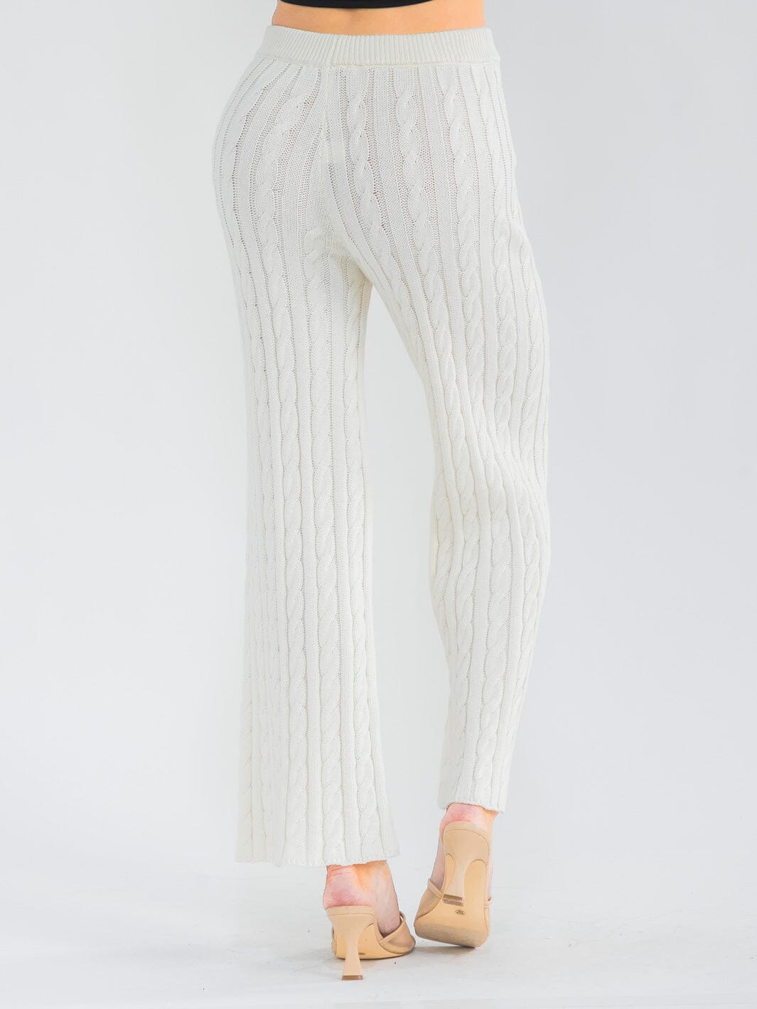 WOMEN'S ELASTIC WAIST CABLE KNIT RIBBED WIDE LEG PANTS