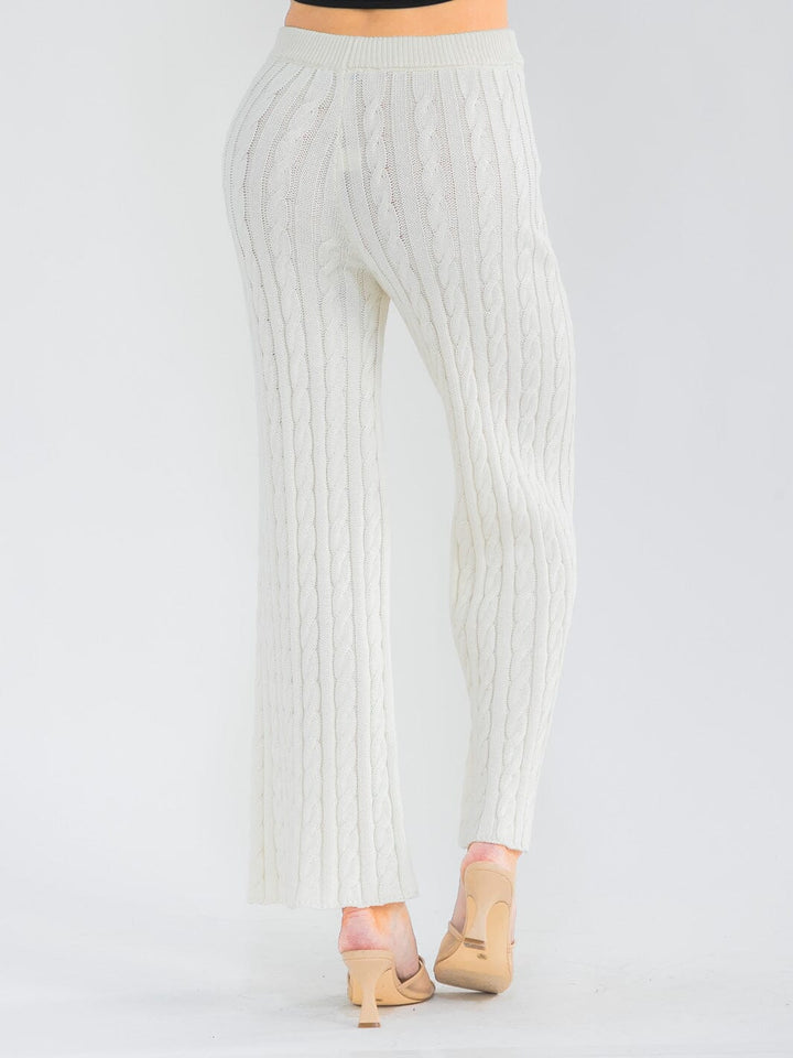 WOMEN'S ELASTIC WAIST CABLE KNIT RIBBED WIDE LEG PANTS