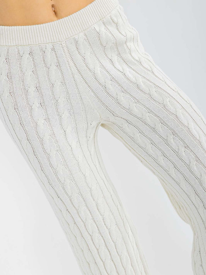 WOMEN'S ELASTIC WAIST CABLE KNIT RIBBED WIDE LEG PANTS