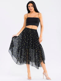 WOMEN'S ELASTIC WAIST RUFFLE BOTTOM HEM FLORAL MIDI SKIRT