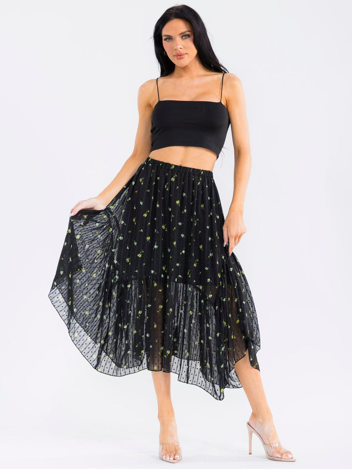 WOMEN'S ELASTIC WAIST RUFFLE BOTTOM HEM FLORAL MIDI SKIRT