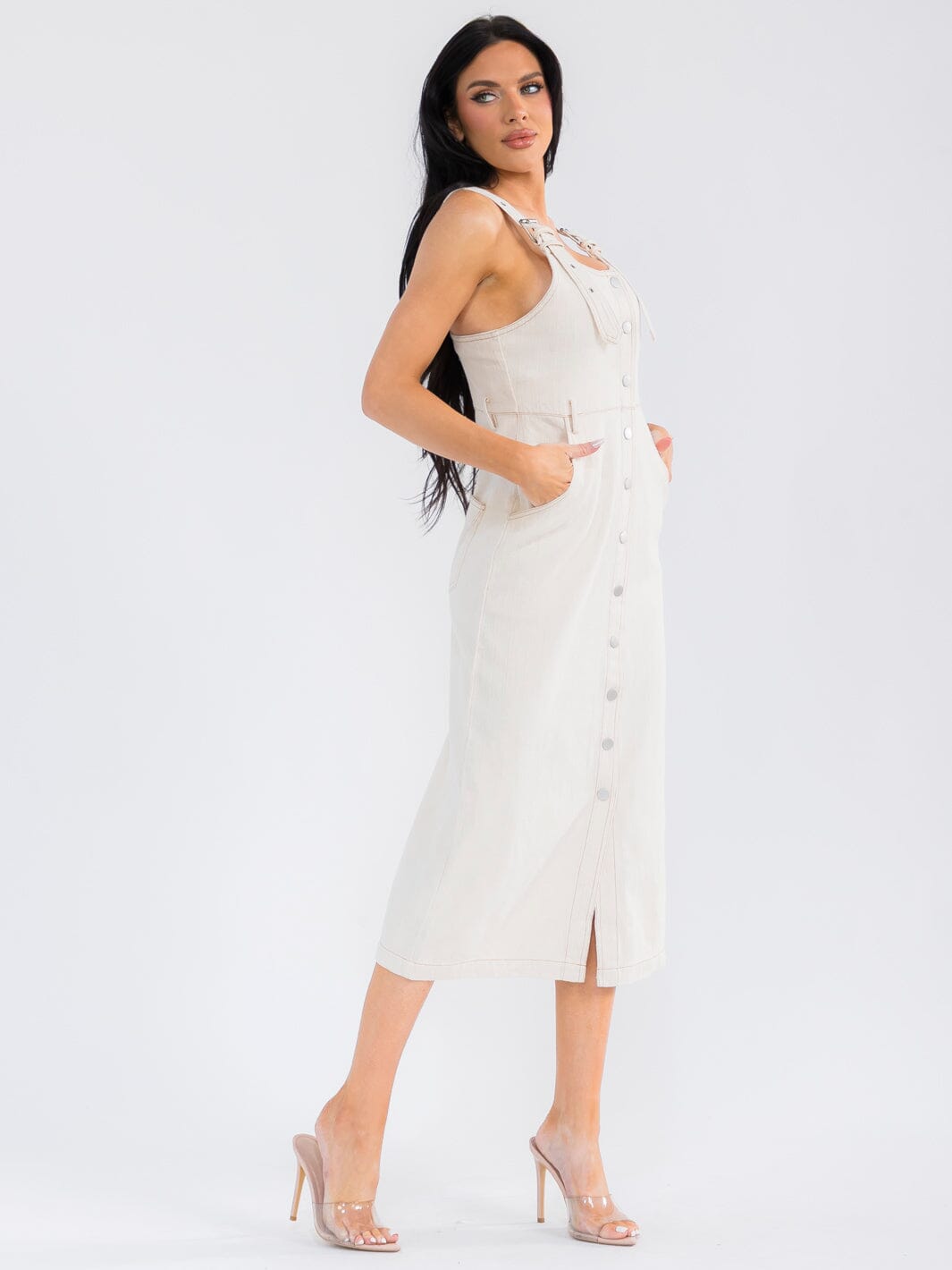 WOMEN'S SLEEVELESS BUTTON UP POCKETS DENIM OVERALL MAXI DRESS