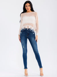 WOMEN'S LONG SLEEVE DISTRESS CROCHET TOP