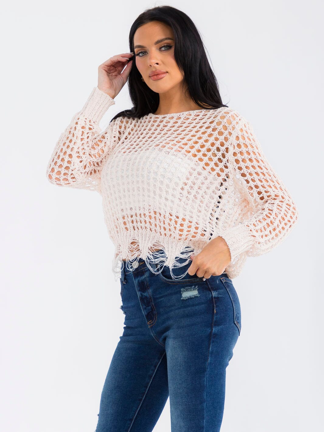 WOMEN'S LONG SLEEVE DISTRESS CROCHET TOP