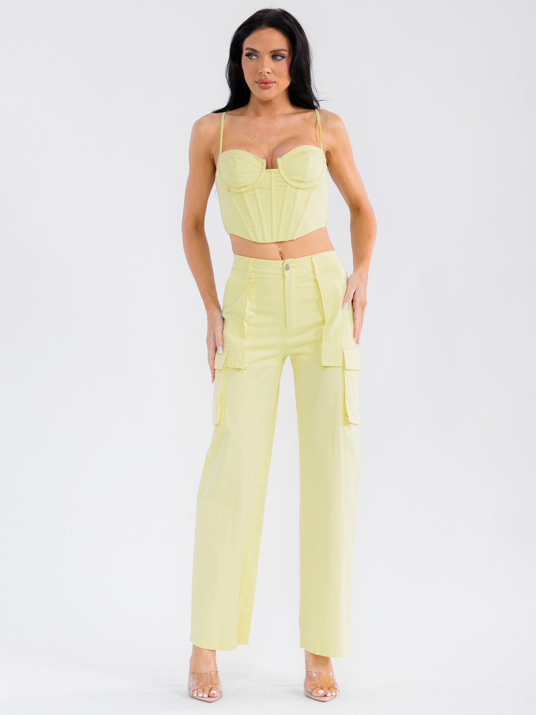 WOMEN'S SLEEVELESS CROP TOP & BUTTON CLOSURE STRAIGHT LEG PANTS STRETCH DENIM 2PC. SET