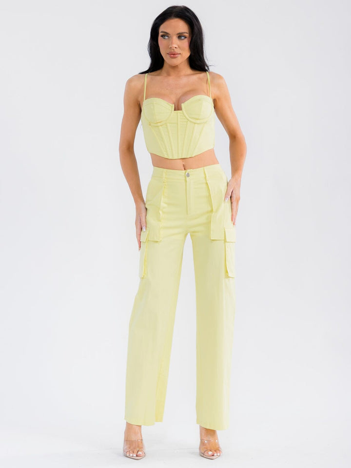 WOMEN'S SLEEVELESS CROP TOP & BUTTON CLOSURE STRAIGHT LEG PANTS STRETCH DENIM 2PC. SET