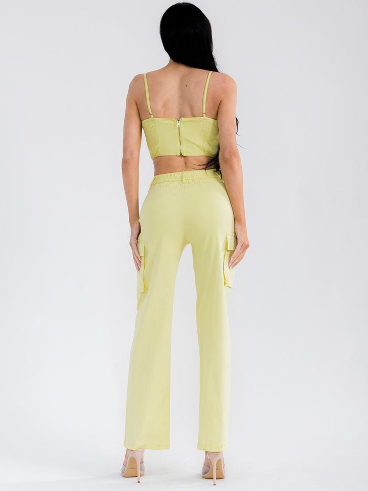 WOMEN'S SLEEVELESS CROP TOP & BUTTON CLOSURE STRAIGHT LEG PANTS STRETCH DENIM 2PC. SET