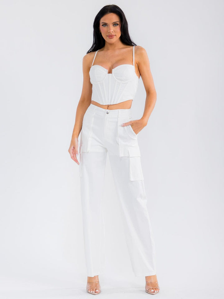 WOMEN'S SLEEVELESS CROP TOP & BUTTON CLOSURE STRAIGHT LEG PANTS STRETCH DENIM 2PC. SET