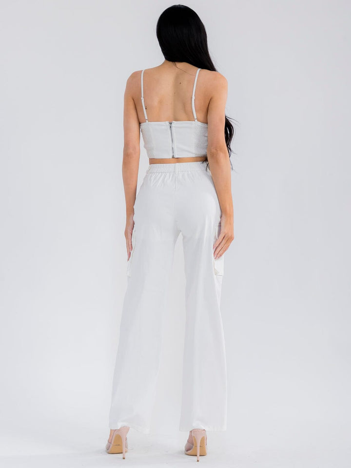 WOMEN'S SLEEVELESS CROP TOP & BUTTON CLOSURE STRAIGHT LEG PANTS STRETCH DENIM 2PC. SET