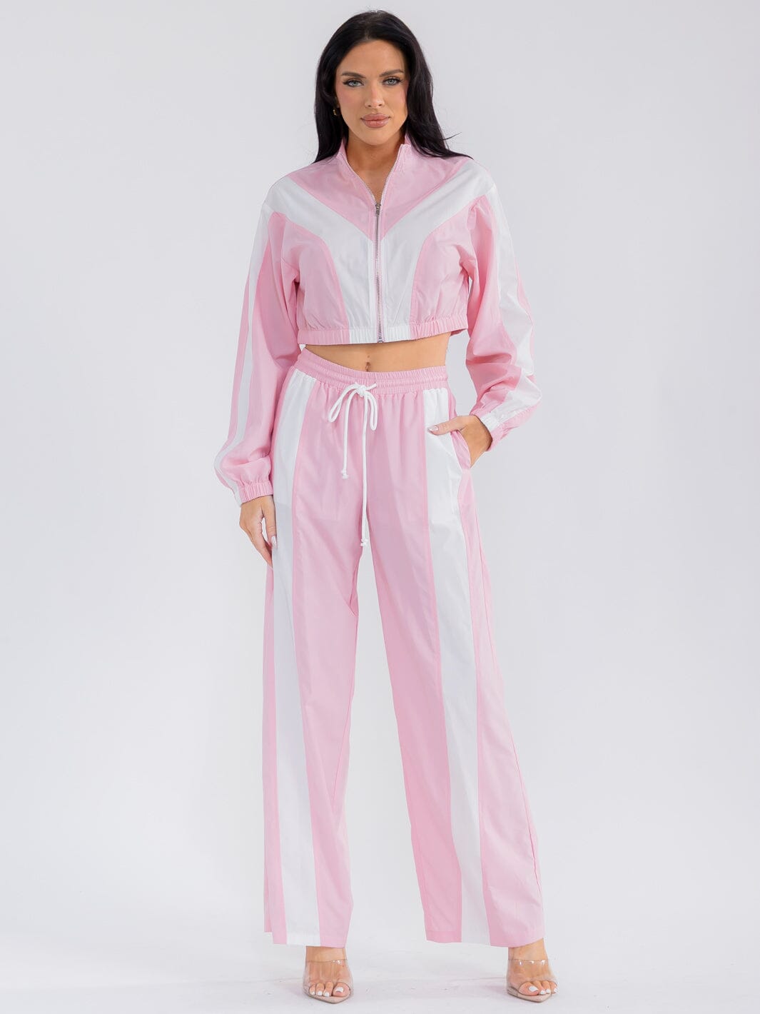 WOMEN'S LONG SLEEVE CROP JACKET & ELASTIC WAIST PANTS COLORBLOCK 2PC. SET