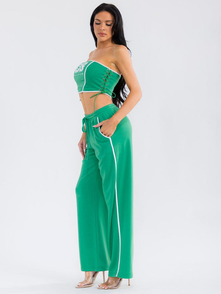 WOMEN'S SLEEVELESS CROP TOP & ELASTIC WAIST PANTS GRAPHIC 2PC. SET