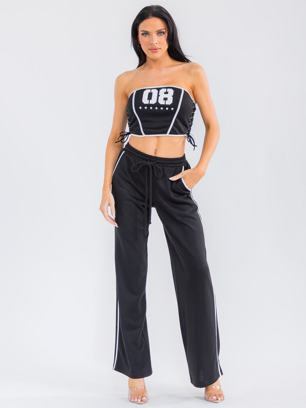 WOMEN'S SLEEVELESS CROP TOP & ELASTIC WAIST PANTS GRAPHIC 2PC. SET