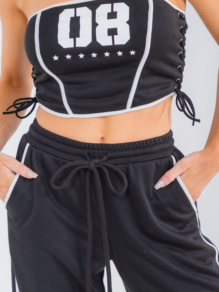 WOMEN'S SLEEVELESS CROP TOP & ELASTIC WAIST PANTS GRAPHIC 2PC. SET