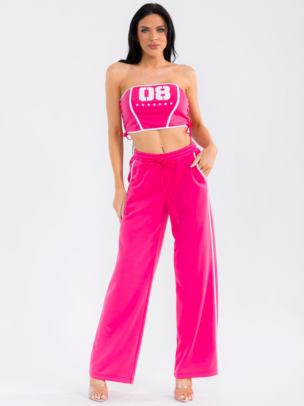 WOMEN'S SLEEVELESS CROP TOP & ELASTIC WAIST PANTS GRAPHIC 2PC. SET