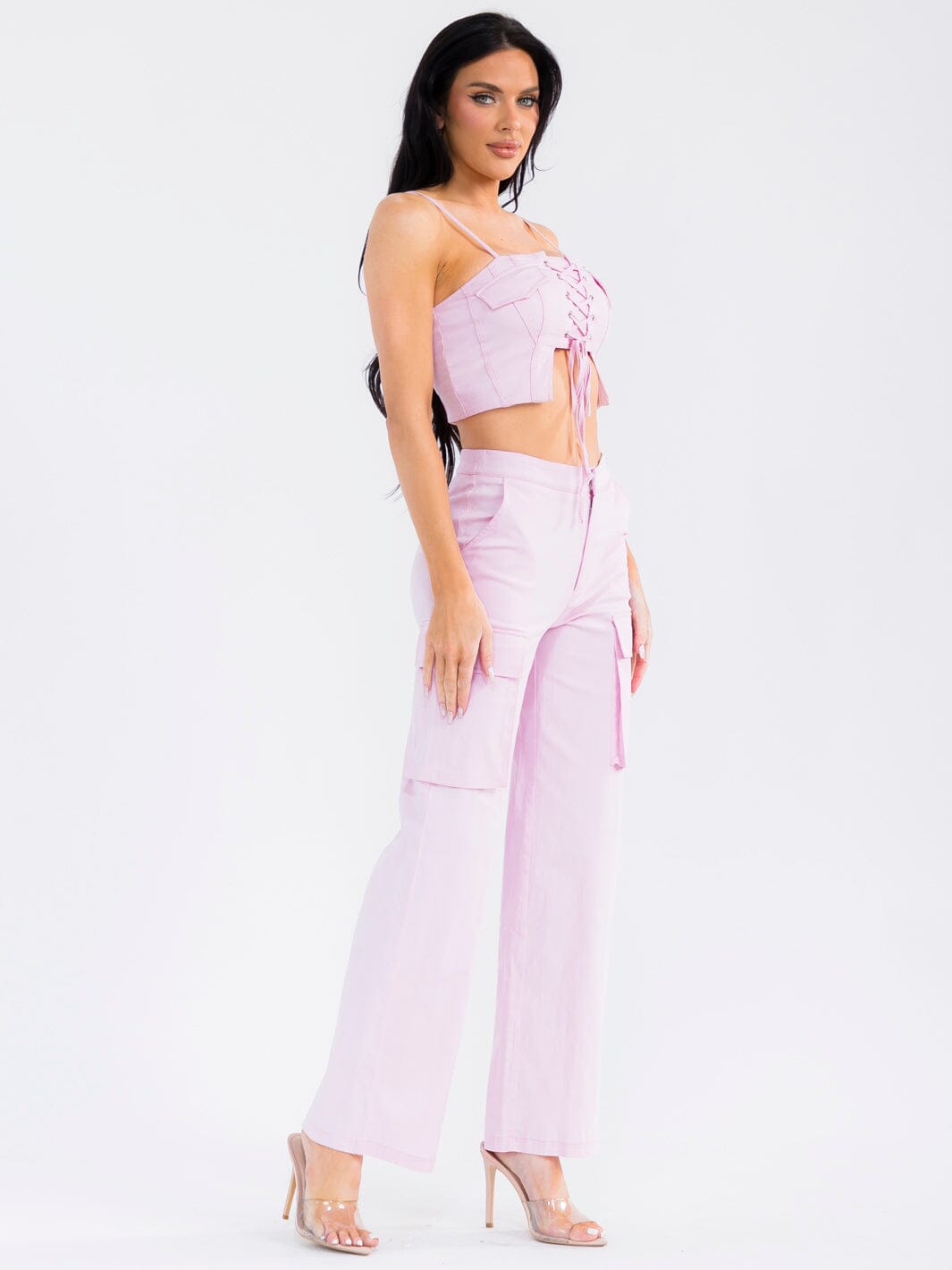 WOMEN'S SLEEVELESS CROP TOP & BUTTON CLOSURE STRAIGHT LEG PANTS STRETCH DENIM 2PC. SET