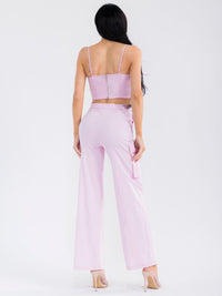 WOMEN'S SLEEVELESS CROP TOP & BUTTON CLOSURE STRAIGHT LEG PANTS STRETCH DENIM 2PC. SET