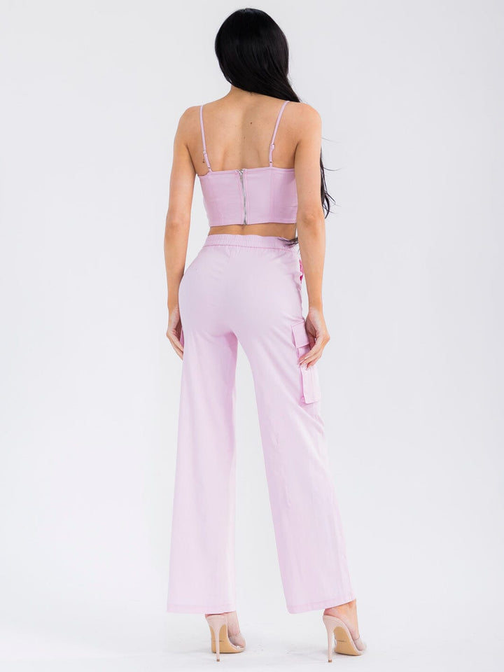 WOMEN'S SLEEVELESS CROP TOP & BUTTON CLOSURE STRAIGHT LEG PANTS STRETCH DENIM 2PC. SET