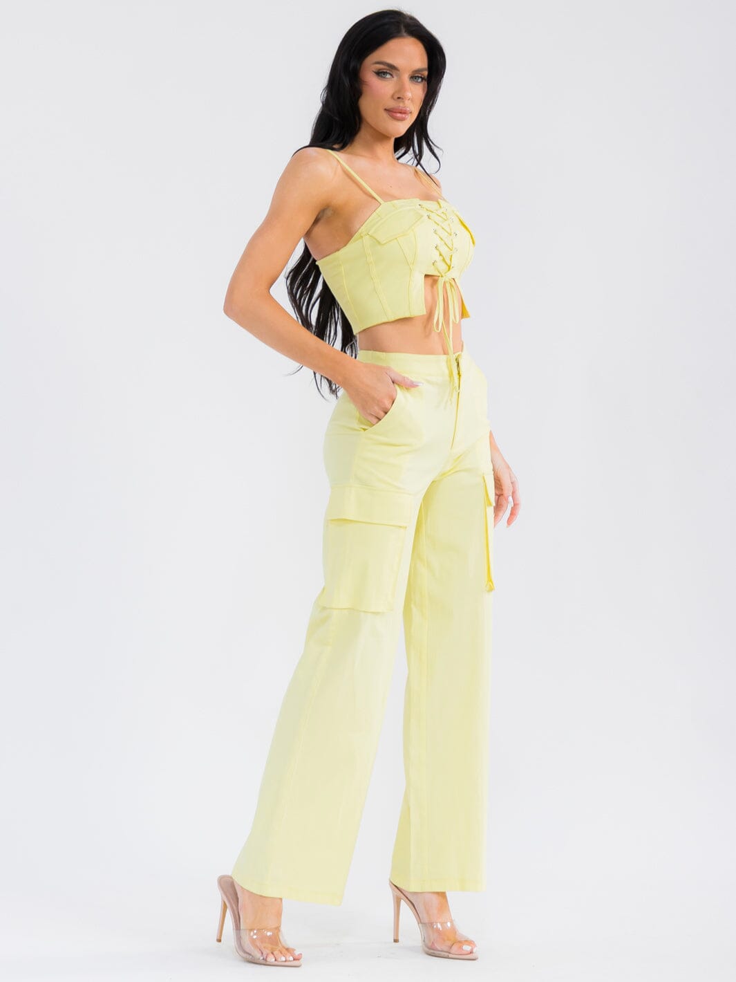 WOMEN'S SLEEVELESS CROP TOP & BUTTON CLOSURE STRAIGHT LEG PANTS STRETCH DENIM 2PC. SET