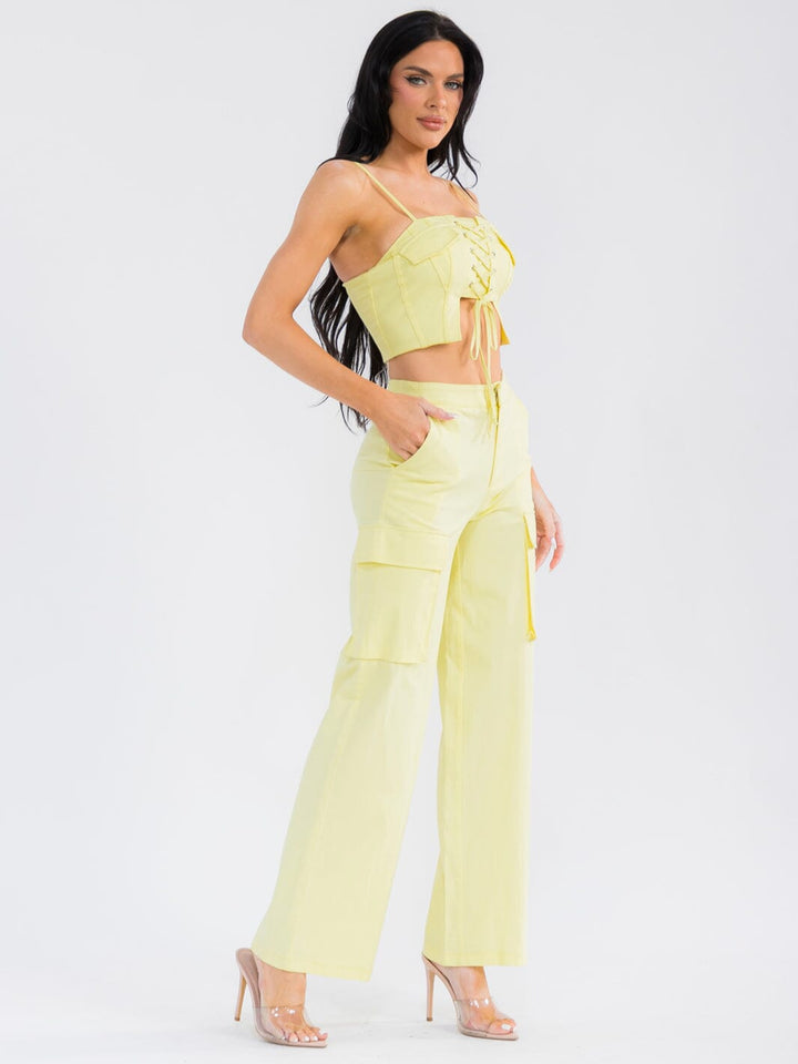 WOMEN'S SLEEVELESS CROP TOP & BUTTON CLOSURE STRAIGHT LEG PANTS STRETCH DENIM 2PC. SET