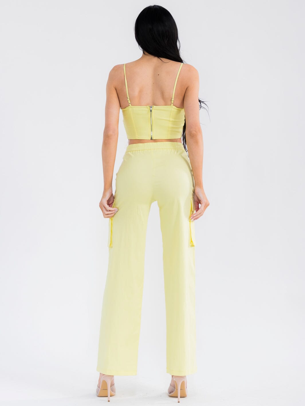WOMEN'S SLEEVELESS CROP TOP & BUTTON CLOSURE STRAIGHT LEG PANTS STRETCH DENIM 2PC. SET