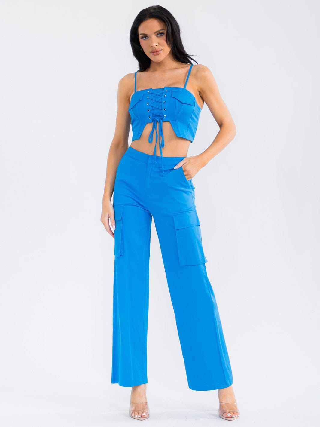 WOMEN'S SLEEVELESS CROP TOP & BUTTON CLOSURE STRAIGHT LEG PANTS STRETCH DENIM 2PC. SET