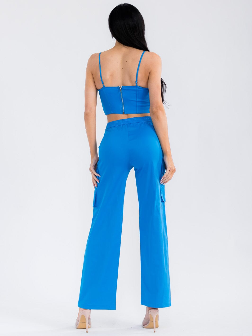 WOMEN'S SLEEVELESS CROP TOP & BUTTON CLOSURE STRAIGHT LEG PANTS STRETCH DENIM 2PC. SET