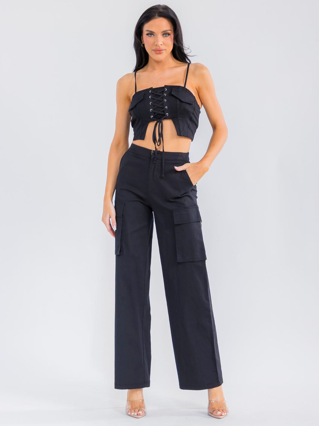 WOMEN'S SLEEVELESS CROP TOP & BUTTON CLOSURE STRAIGHT LEG PANTS STRETCH DENIM 2PC. SET