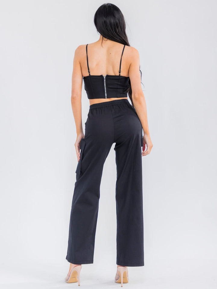 WOMEN'S SLEEVELESS CROP TOP & BUTTON CLOSURE STRAIGHT LEG PANTS STRETCH DENIM 2PC. SET