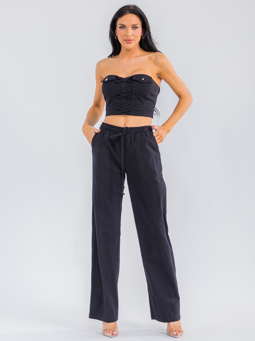 WOMEN'S SLEEVELESS CROP TOP & ELASTIC WAIST PANTS STRETCH DENIM 2PC. SET