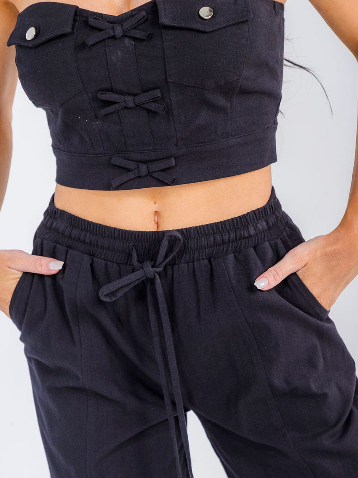 WOMEN'S SLEEVELESS CROP TOP & ELASTIC WAIST PANTS STRETCH DENIM 2PC. SET