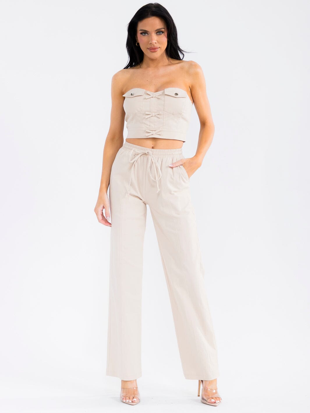 WOMEN'S SLEEVELESS CROP TOP & ELASTIC WAIST PANTS STRETCH DENIM 2PC. SET