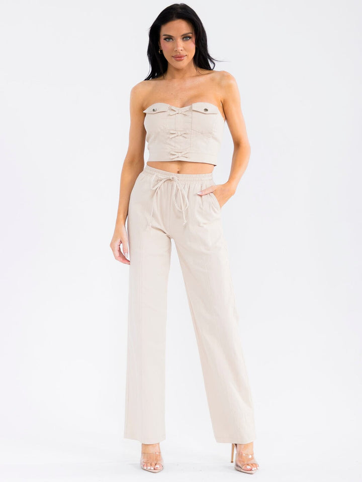 WOMEN'S SLEEVELESS CROP TOP & ELASTIC WAIST PANTS STRETCH DENIM 2PC. SET
