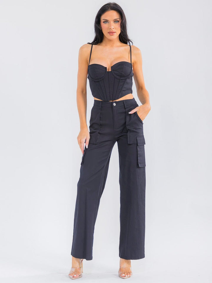 WOMEN'S SLEEVELESS CROP TOP & BUTTON CLOSURE STRAIGHT LEG PANTS STRETCH DENIM 2PC. SET