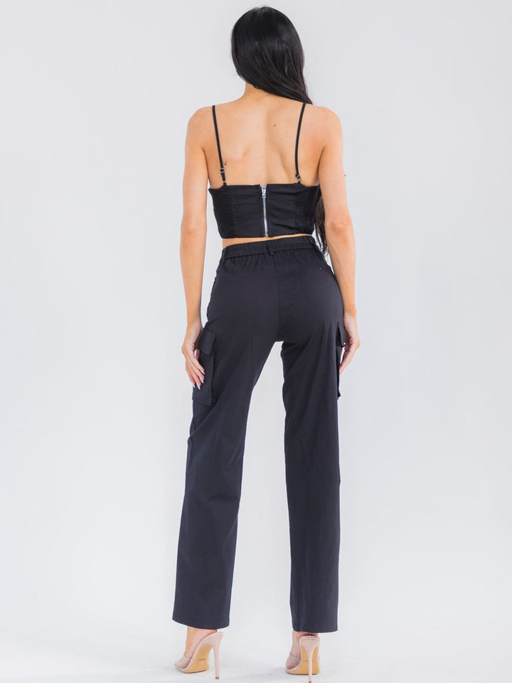WOMEN'S SLEEVELESS CROP TOP & BUTTON CLOSURE STRAIGHT LEG PANTS STRETCH DENIM 2PC. SET