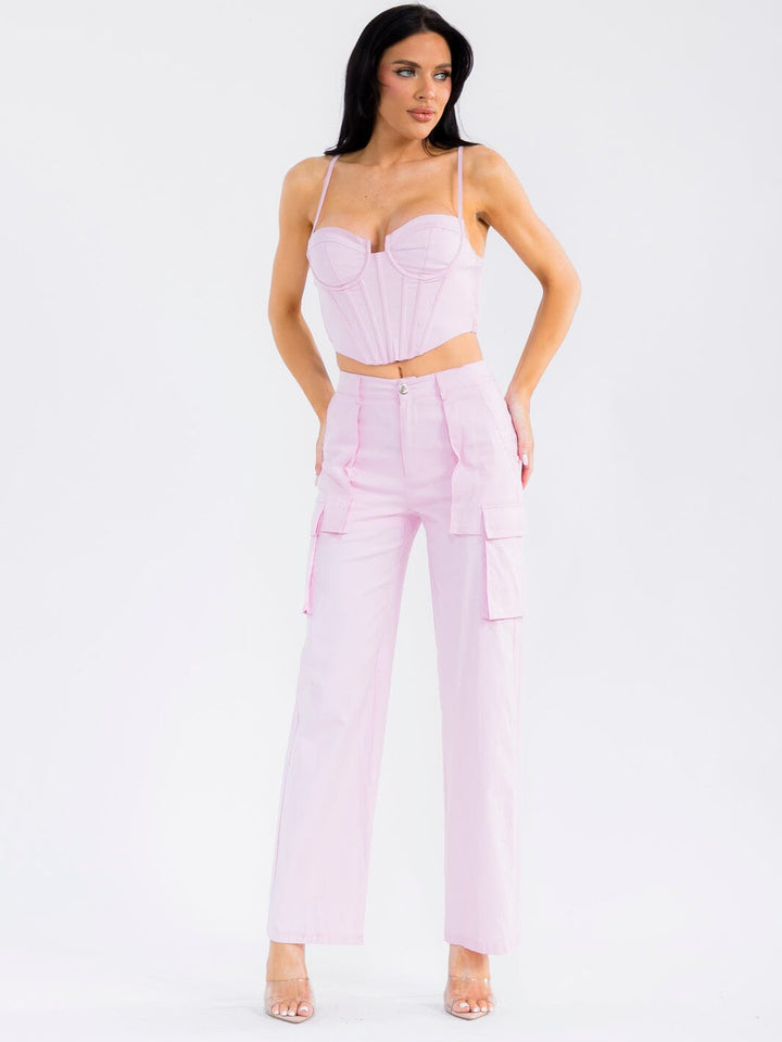 WOMEN'S SLEEVELESS CROP TOP & BUTTON CLOSURE STRAIGHT LEG PANTS STRETCH DENIM 2PC. SET