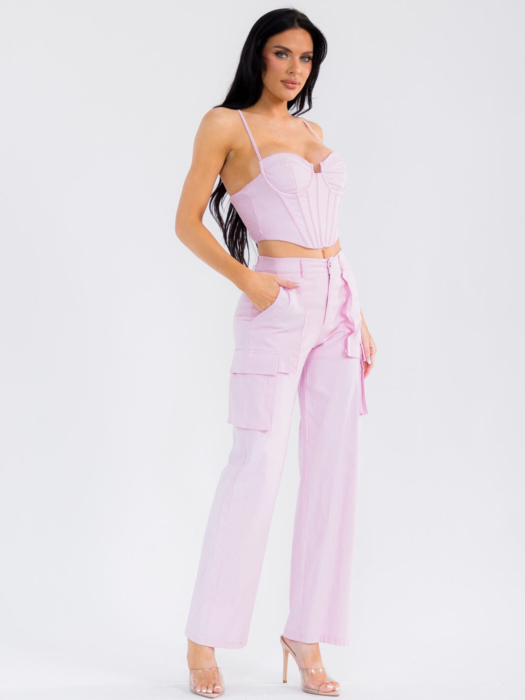 WOMEN'S SLEEVELESS CROP TOP & BUTTON CLOSURE STRAIGHT LEG PANTS STRETCH DENIM 2PC. SET
