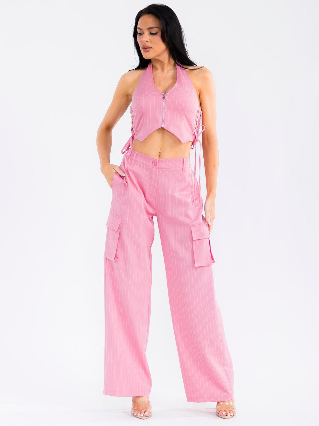 WOMEN'S HALTER NECK CROP TOP & BUTTON CLOSURE WIDE LEG PANTS STRIPES 2PC. SET