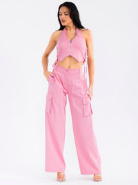 WOMEN'S HALTER NECK CROP TOP & BUTTON CLOSURE WIDE LEG PANTS STRIPES 2PC. SET