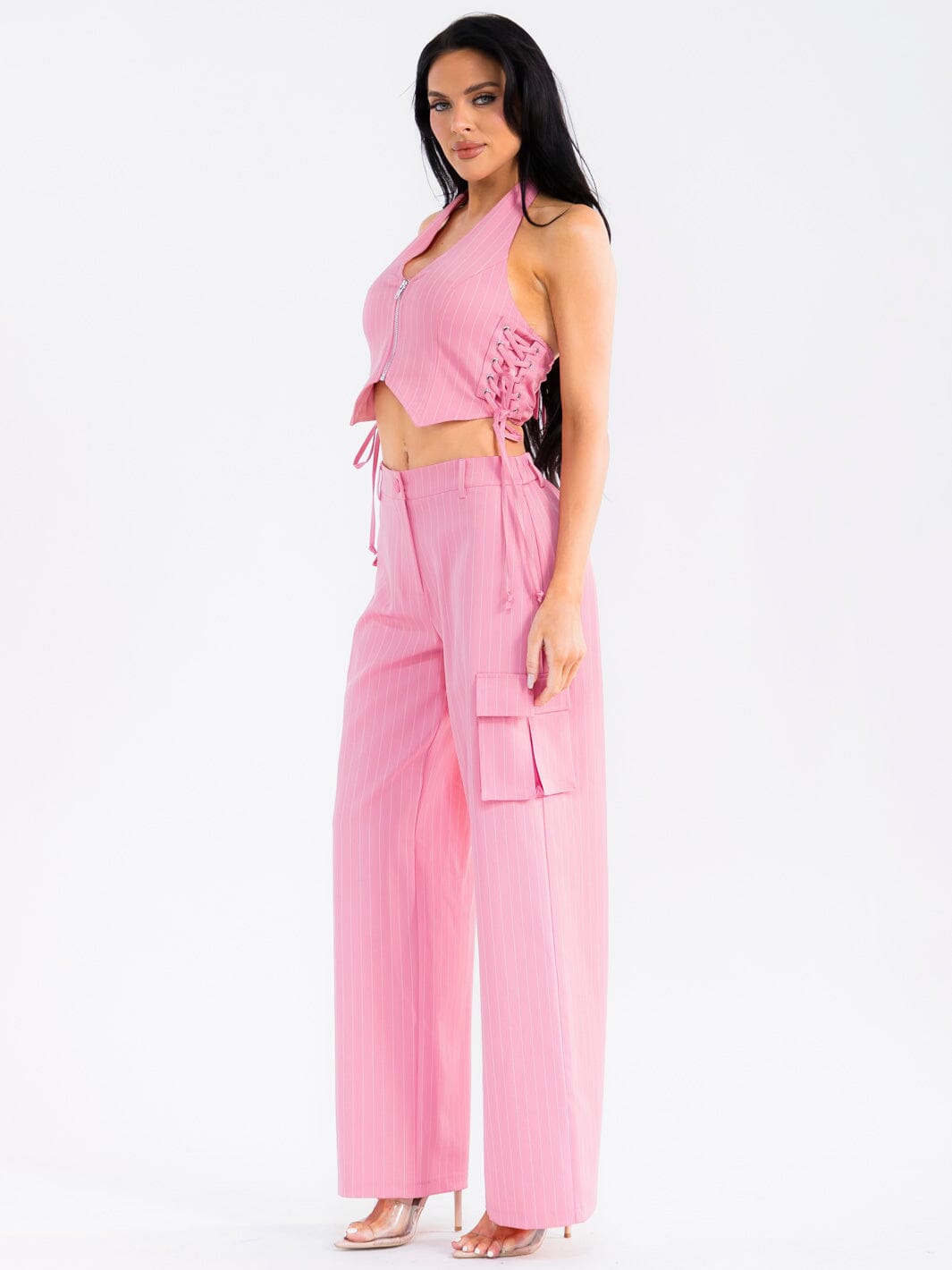 WOMEN'S HALTER NECK CROP TOP & BUTTON CLOSURE WIDE LEG PANTS STRIPES 2PC. SET