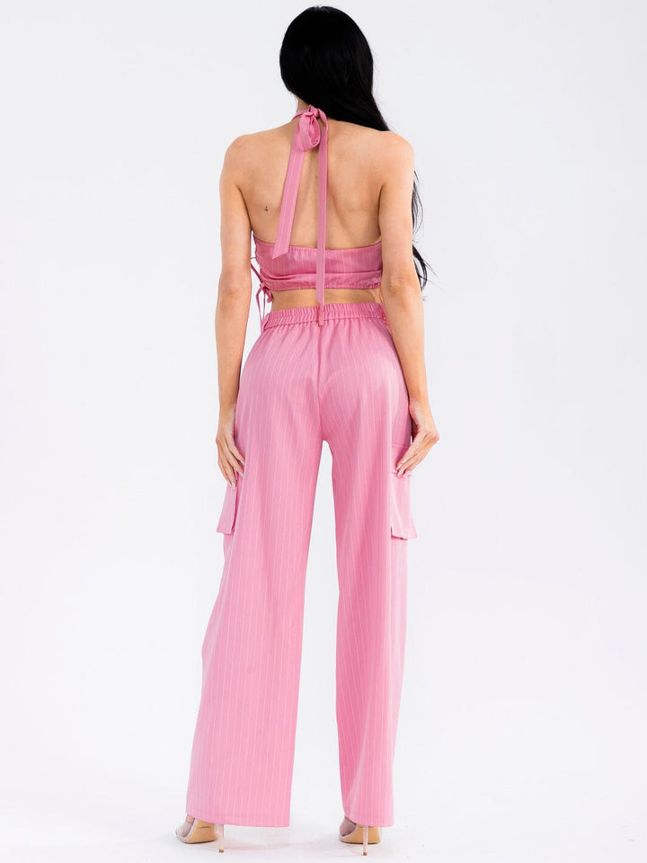 WOMEN'S HALTER NECK CROP TOP & BUTTON CLOSURE WIDE LEG PANTS STRIPES 2PC. SET