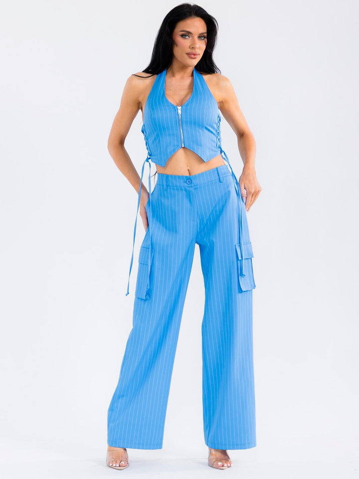WOMEN'S HALTER NECK CROP TOP & BUTTON CLOSURE WIDE LEG PANTS STRIPES 2PC. SET
