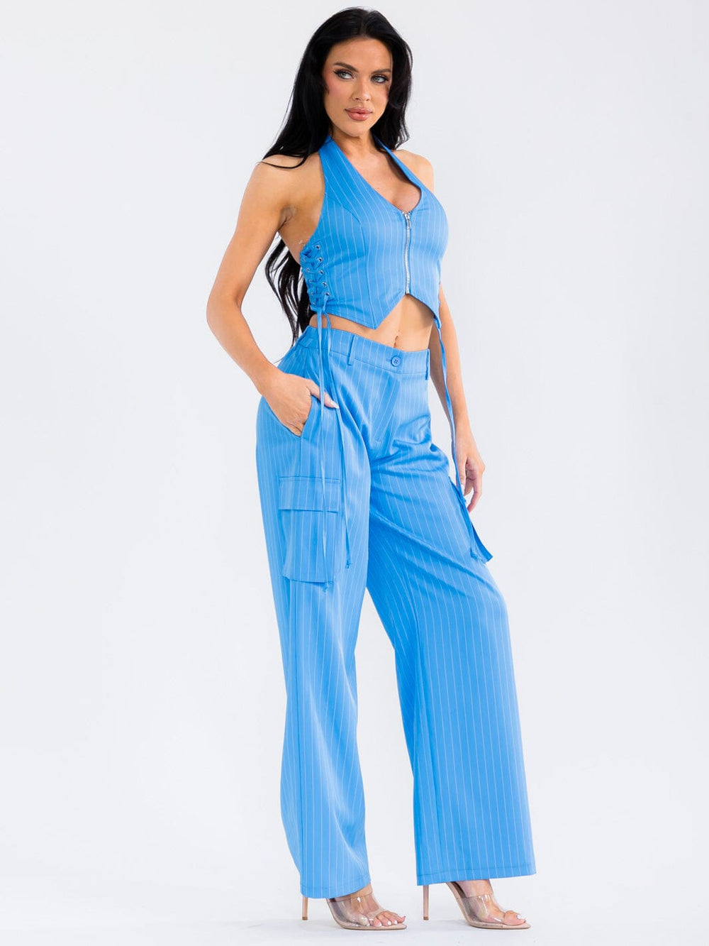 WOMEN'S HALTER NECK CROP TOP & BUTTON CLOSURE WIDE LEG PANTS STRIPES 2PC. SET