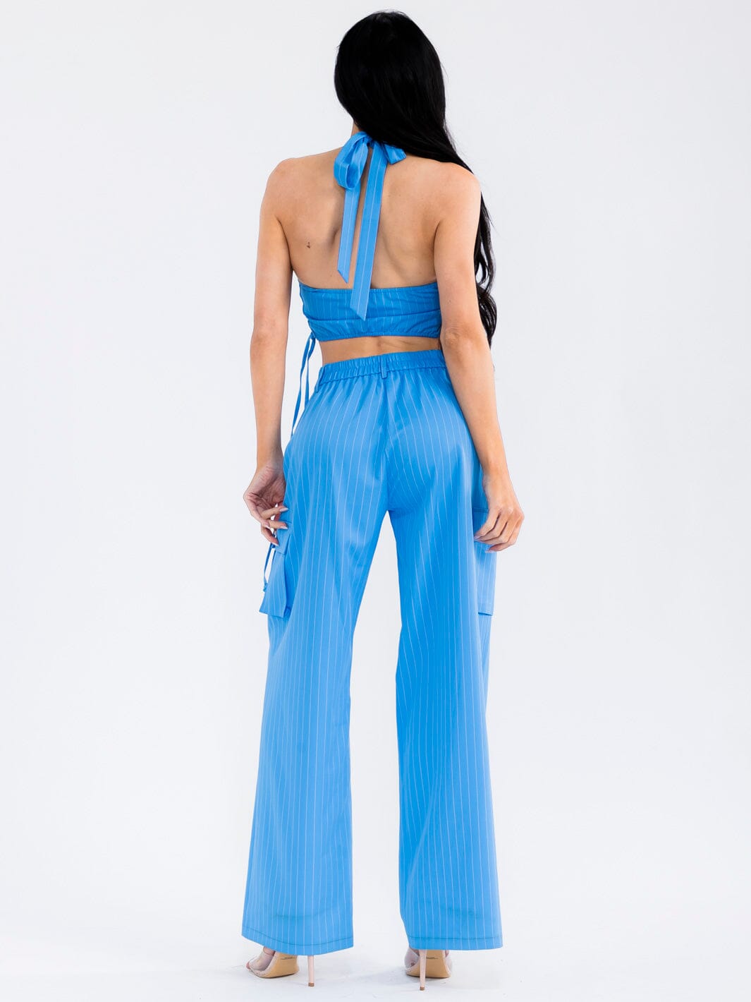 WOMEN'S HALTER NECK CROP TOP & BUTTON CLOSURE WIDE LEG PANTS STRIPES 2PC. SET