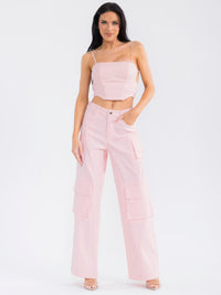 WOMEN'S SLEEVELESS CROP TOP & BUTTON CLOSURE CARGO PANTS SOLID 2PC. SET