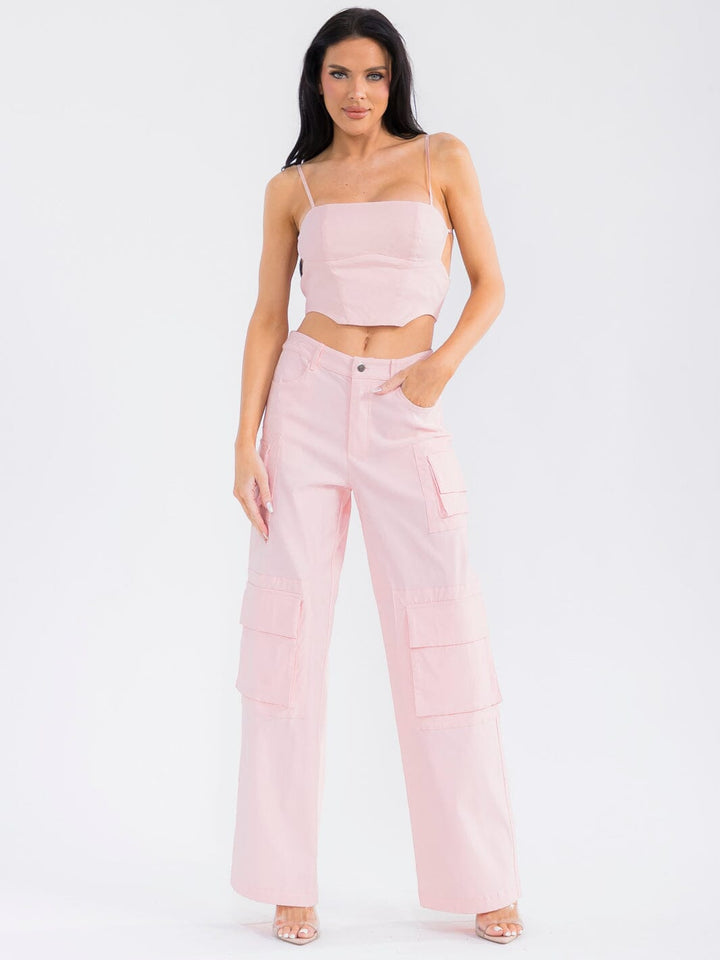 WOMEN'S SLEEVELESS CROP TOP & BUTTON CLOSURE CARGO PANTS SOLID 2PC. SET
