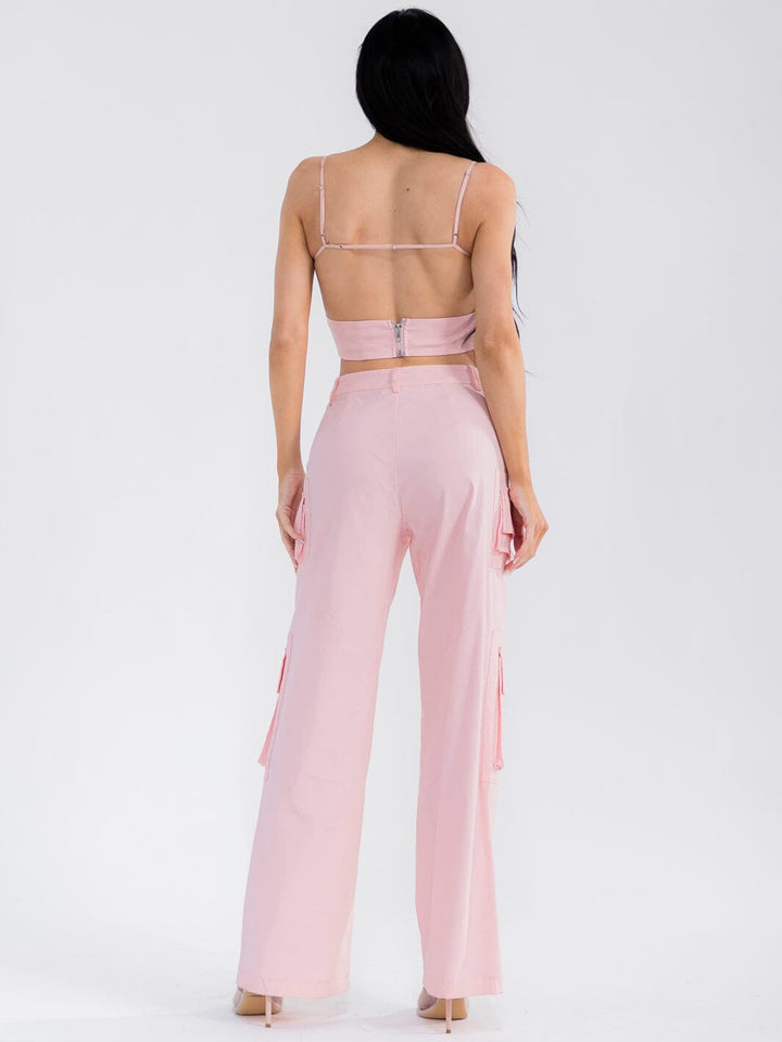WOMEN'S SLEEVELESS CROP TOP & BUTTON CLOSURE CARGO PANTS SOLID 2PC. SET